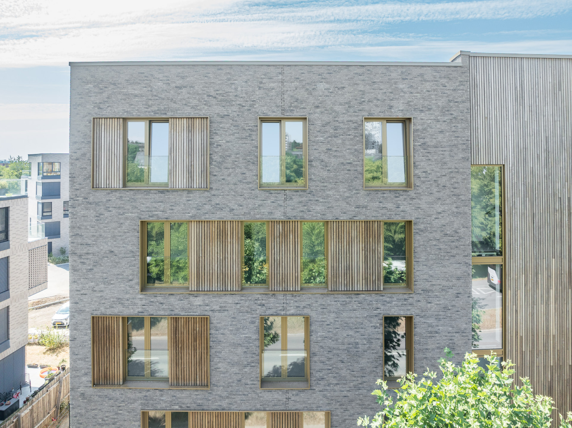 Résidence Réimerwee — détail de la façade en brique claire