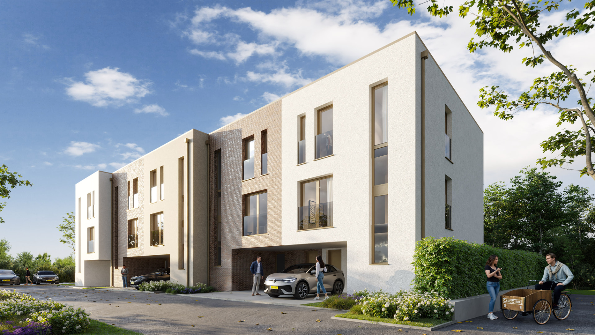 Maisons — façades et carports vus depuis la voirie