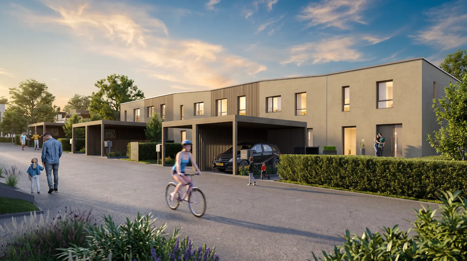 Maisons en ossature bois — vue rue avec carports